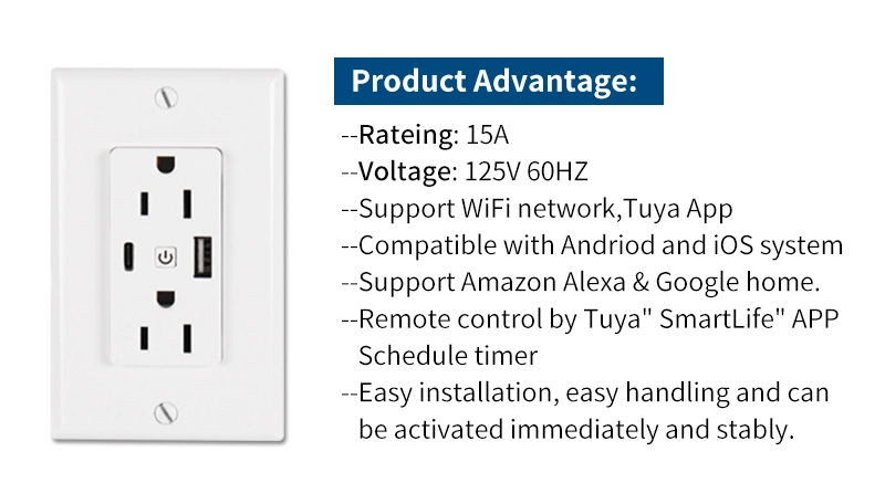 120 Type Tuya Smart Us Socket with USB Port Type C Port with UL ETL Certficate