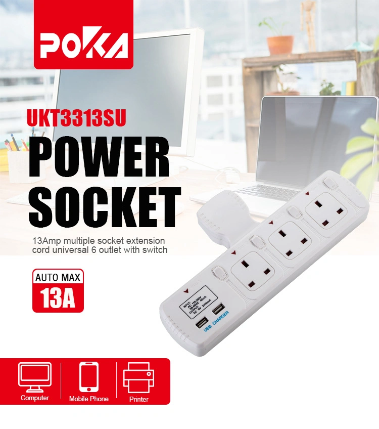 3 Way Outlet T-Type Plug Extension Socket 2 USB Port