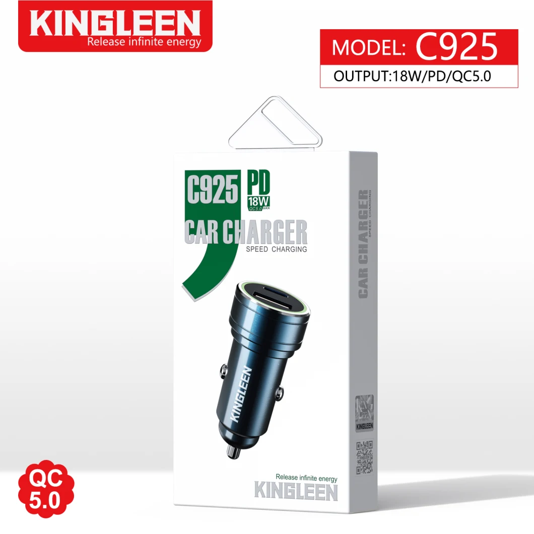 Kingleen C925 Zinc Alloy Car Charger Dual USB Port Smart Fast Car Charging &amp; Type-C Port Pd18W IP13 Free Sample